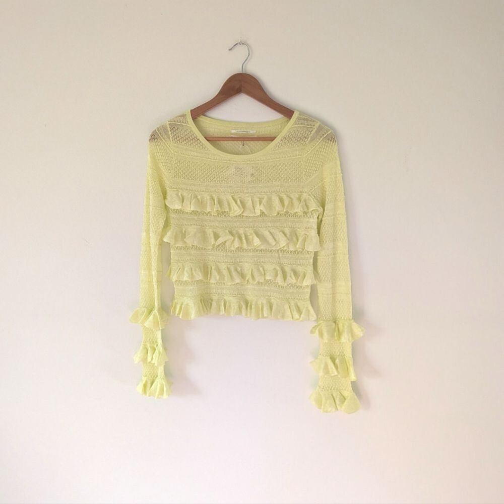 NWT! Anthropologie Light Green Ruffle Knit Sweater M - Picture 2 of 9